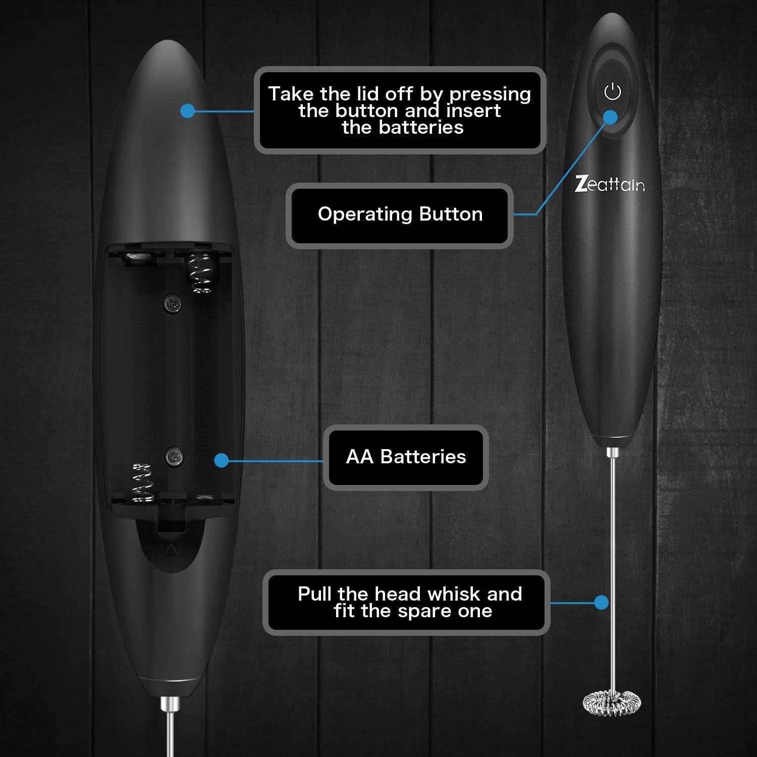 Milk Frother Handheld Mixer, Battery Operated Electric Whisk Foam Maker for Cappuccino,Latte,Coffee,Matcha & More - Black